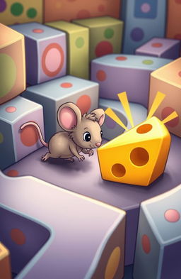 A cute, cartoon-style mouse navigating a colorful and intricate maze in search of a lost cheese