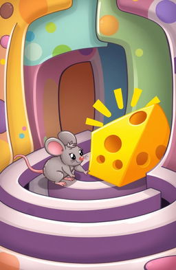 A cute, cartoon-style mouse navigating a colorful and intricate maze in search of a lost cheese