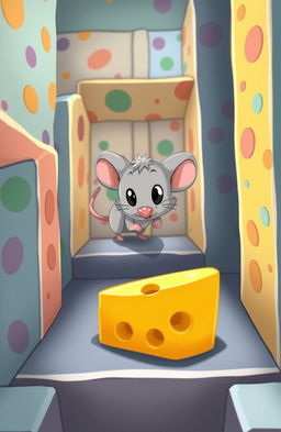 A cute, cartoon-style mouse navigating a colorful and intricate maze in search of a lost cheese