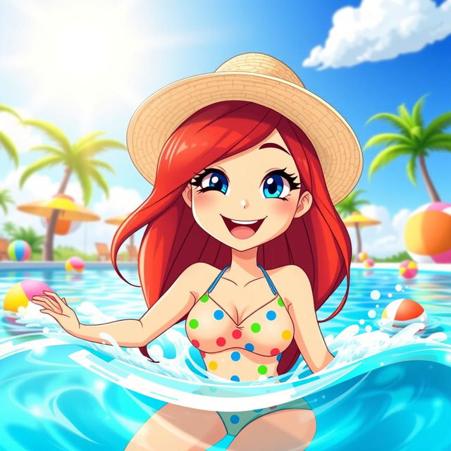 A cheerful cartoon character, a young woman with bright blue eyes and vibrant long red hair, playfully winking while swimming in a sunny pool