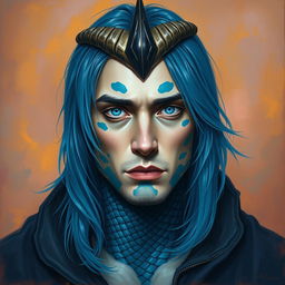A male human with Caucasian skin, characterized by medium length blue hair that flows gently