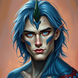 A male human with Caucasian skin, characterized by medium length blue hair that flows gently