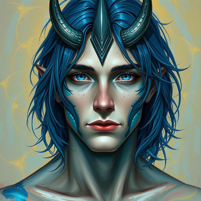 A male human with Caucasian skin, characterized by medium length blue hair that flows gently