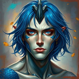 A male human with Caucasian skin, characterized by medium length blue hair that flows gently
