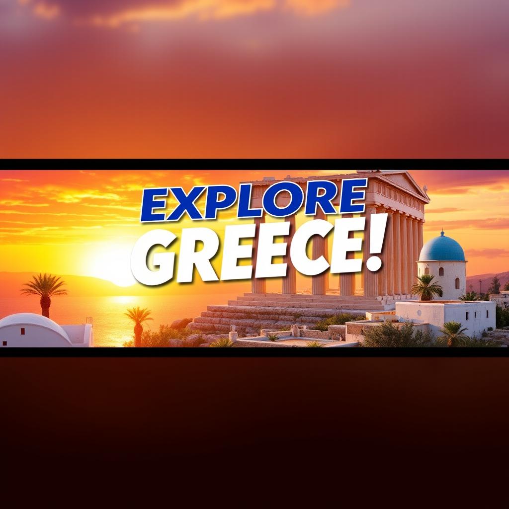 A visually captivating YouTube thumbnail themed around a Greece DLC, showcasing iconic Greek symbols like the Parthenon, olive trees, and traditional blue and white architecture