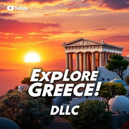 A visually captivating YouTube thumbnail themed around a Greece DLC, showcasing iconic Greek symbols like the Parthenon, olive trees, and traditional blue and white architecture