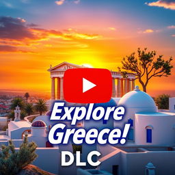A visually captivating YouTube thumbnail themed around a Greece DLC, showcasing iconic Greek symbols like the Parthenon, olive trees, and traditional blue and white architecture