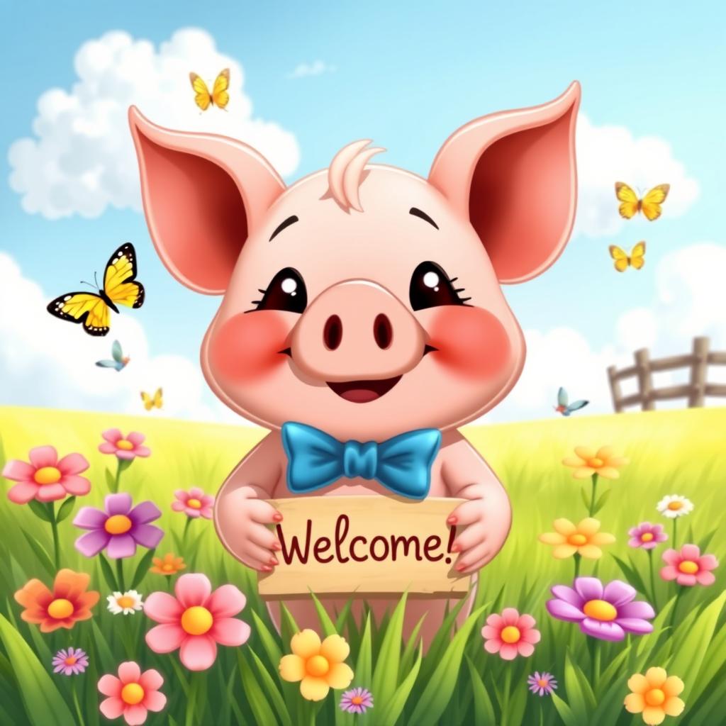 A cute and cheerful cartoon pig standing in a sunny green meadow, wearing a small blue bowtie, surrounded by colorful flowers and butterflies