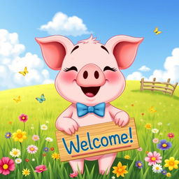 A cute and cheerful cartoon pig standing in a sunny green meadow, wearing a small blue bowtie, surrounded by colorful flowers and butterflies