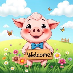 A cute and cheerful cartoon pig standing in a sunny green meadow, wearing a small blue bowtie, surrounded by colorful flowers and butterflies