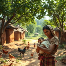 A small, humble village with simple mud houses nestled amidst lush green trees, capturing a serene and peaceful atmosphere