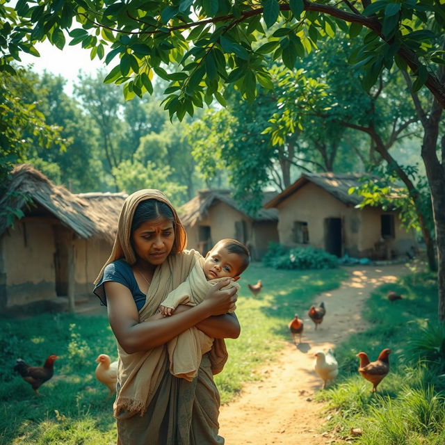 A small, humble village with simple mud houses nestled amidst lush green trees, capturing a serene and peaceful atmosphere