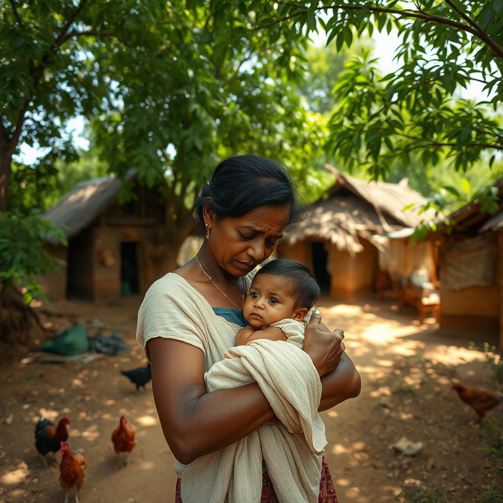 A small, humble village with simple mud houses nestled amidst lush green trees, capturing a serene and peaceful atmosphere