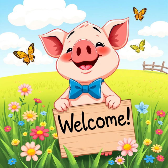 A cute and cheerful cartoon pig standing in a sunny green meadow, wearing a small blue bowtie, surrounded by colorful flowers and butterflies