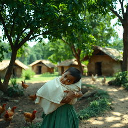 A small, humble village with simple mud houses nestled amidst lush green trees, capturing a serene and peaceful atmosphere