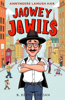 A satirical book cover for a fictional title, featuring a stylized image of a man wearing a traditional Jewish hat, standing confidently with a playful smirk