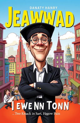 A satirical book cover for a fictional title, featuring a stylized image of a man wearing a traditional Jewish hat, standing confidently with a playful smirk