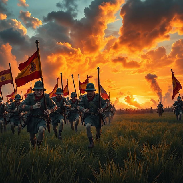 A dynamic scene depicting Spanish soldiers in historical uniforms charging forward with determination