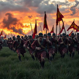 A dynamic scene depicting Spanish soldiers in historical uniforms charging forward with determination
