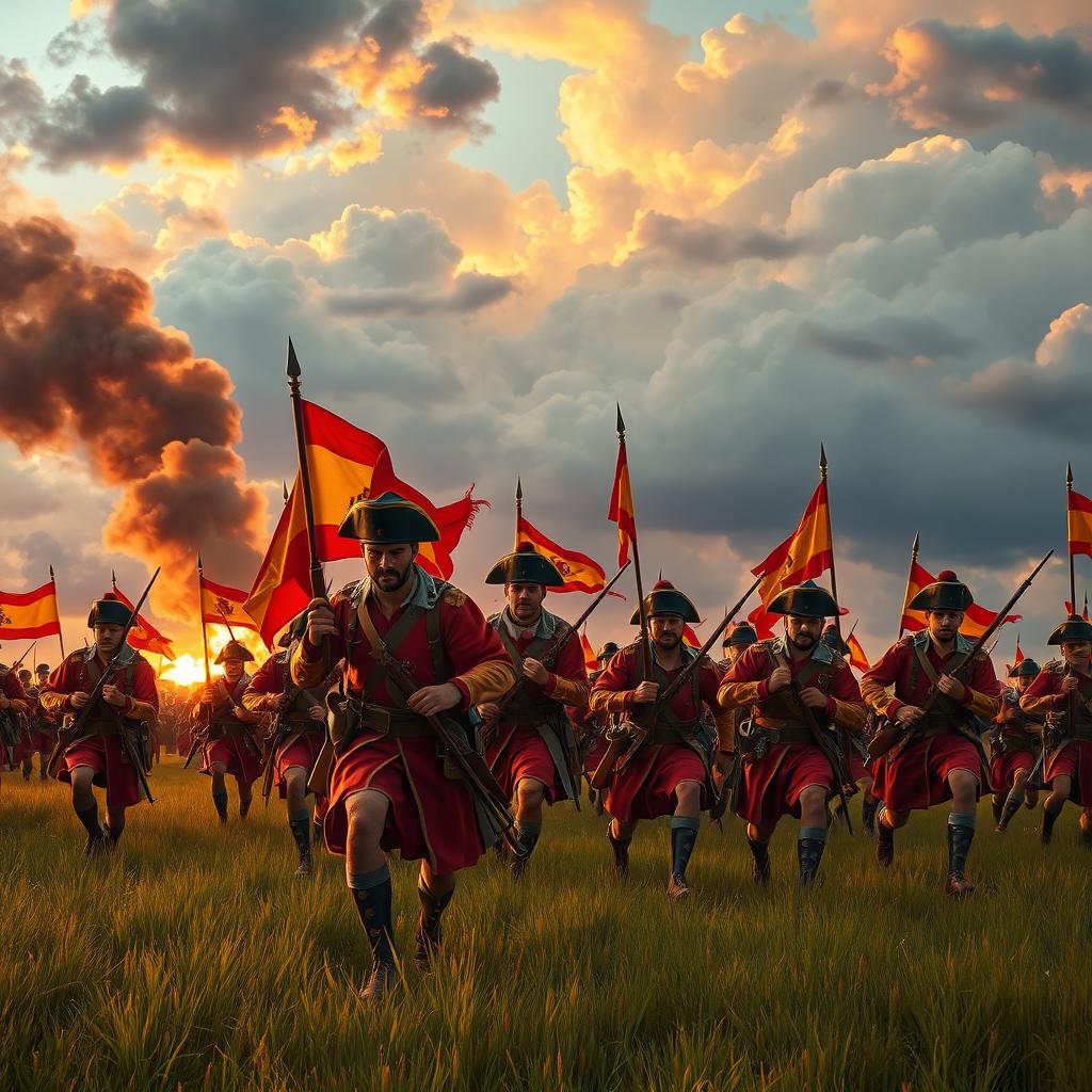 A dynamic scene depicting Spanish soldiers in historical uniforms charging forward with determination