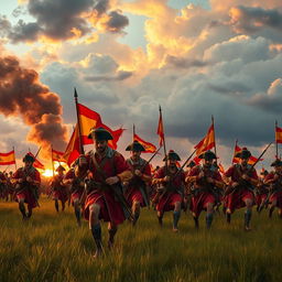 A dynamic scene depicting Spanish soldiers in historical uniforms charging forward with determination