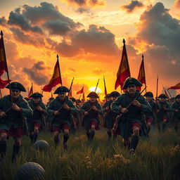 A dynamic scene depicting Spanish soldiers in historical uniforms charging forward with determination