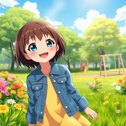 An 8-year-old anime girl character with short dark brown hair and vibrant blue eyes, joyfully playing in a lush green park filled with colorful flowers and trees