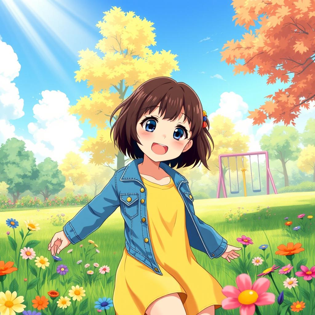 An 8-year-old anime girl character with short dark brown hair and vibrant blue eyes, joyfully playing in a lush green park filled with colorful flowers and trees
