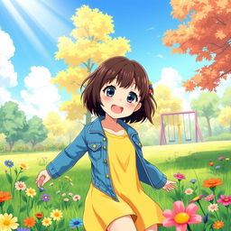 An 8-year-old anime girl character with short dark brown hair and vibrant blue eyes, joyfully playing in a lush green park filled with colorful flowers and trees