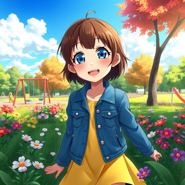 An 8-year-old anime girl character with short dark brown hair and vibrant blue eyes, joyfully playing in a lush green park filled with colorful flowers and trees