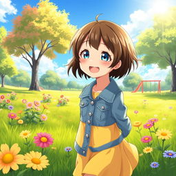 An 8-year-old anime girl character with short dark brown hair and vibrant blue eyes, joyfully playing in a lush green park filled with colorful flowers and trees