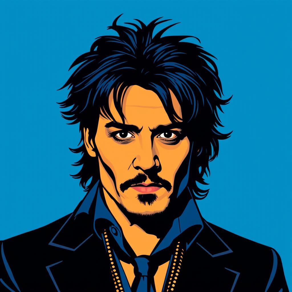 A portrait of Johnny Depp in a pop art style featuring bold line art and vibrant blue tonality