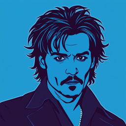 A portrait of Johnny Depp in a pop art style featuring bold line art and vibrant blue tonality