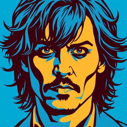 A portrait of Johnny Depp in a pop art style featuring bold line art and vibrant blue tonality
