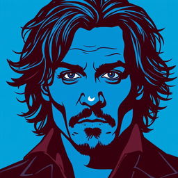 A portrait of Johnny Depp in a pop art style featuring bold line art and vibrant blue tonality