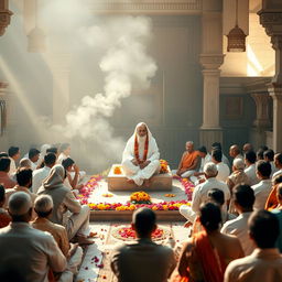 A serene view of the Shirdi Temple, showcasing a divine atmosphere with devoted followers seated around a calm and radiant Sai Baba