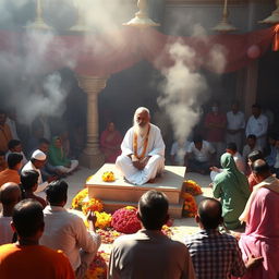 A serene view of the Shirdi Temple, showcasing a divine atmosphere with devoted followers seated around a calm and radiant Sai Baba