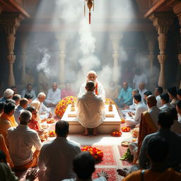 A serene view of the Shirdi Temple, showcasing a divine atmosphere with devoted followers seated around a calm and radiant Sai Baba