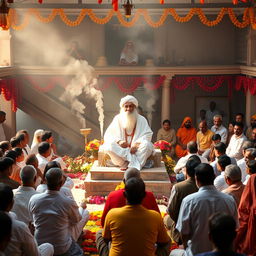 A serene view of the Shirdi Temple, showcasing a divine atmosphere with devoted followers seated around a calm and radiant Sai Baba