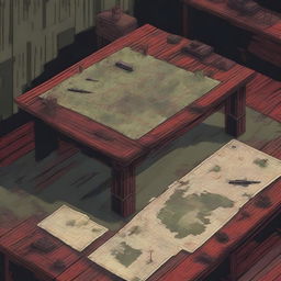 A pixel-art style digital image in 1920x1080 resolution depicts a scene on an old wooden table