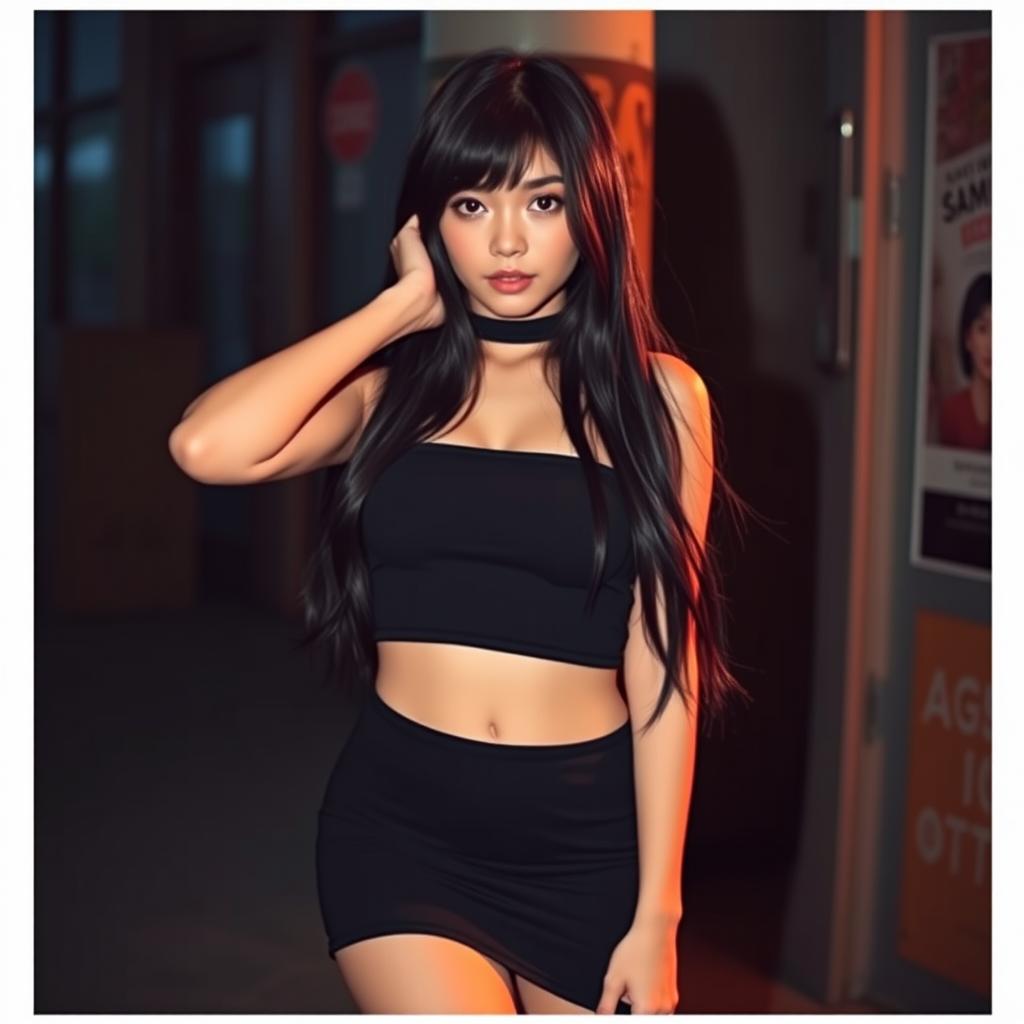 A girl with long black hair, wearing a short black skirt and a tight-fitting black crop top