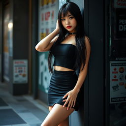 A girl with long black hair, wearing a short black skirt and a tight-fitting black crop top