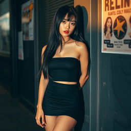 A girl with long black hair, wearing a short black skirt and a tight-fitting black crop top