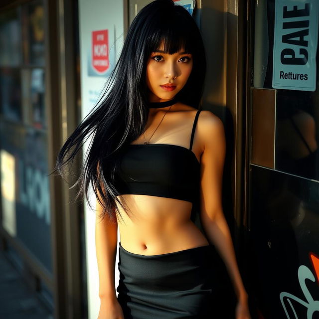 A girl with long black hair, wearing a short black skirt and a tight-fitting black crop top