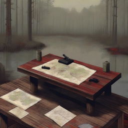 A pixel-art style digital image in 1920x1080 resolution depicts a scene on an old wooden table