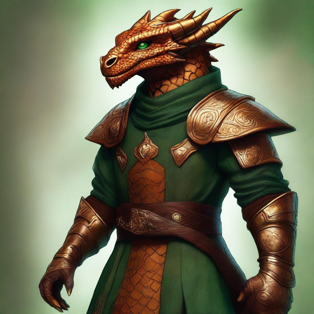 A high-quality digital art piece, done in a realistic style, depicting a young copper dragonborn