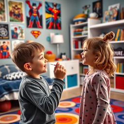 A cozy boy's room, decorated with posters of superheroes, a vibrant rug on the floor, and a bookshelf filled with colorful books and toys