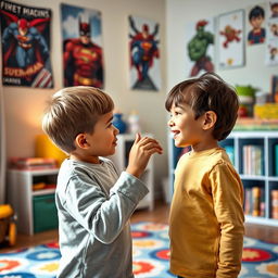 A cozy boy's room, decorated with posters of superheroes, a vibrant rug on the floor, and a bookshelf filled with colorful books and toys