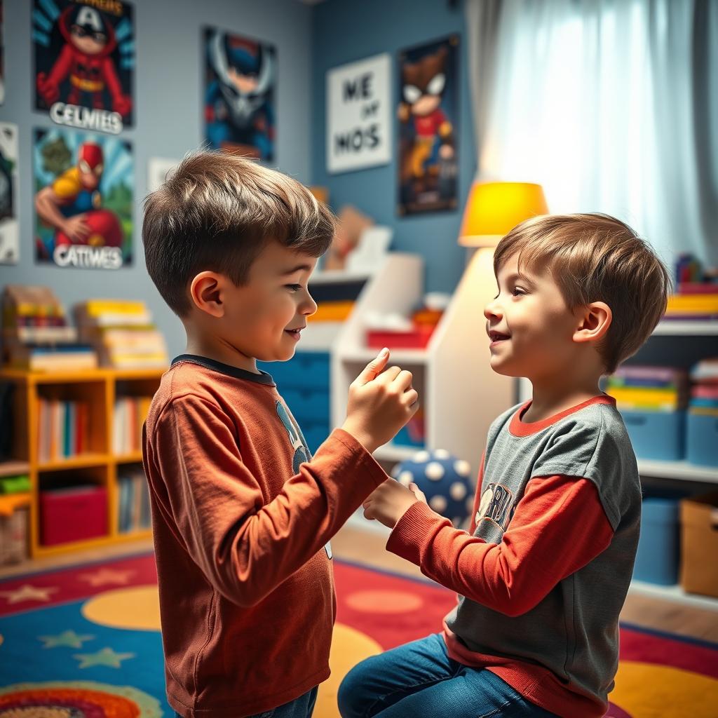 A cozy boy's room, decorated with posters of superheroes, a vibrant rug on the floor, and a bookshelf filled with colorful books and toys