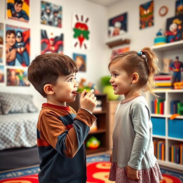 A cozy boy's room, decorated with posters of superheroes, a vibrant rug on the floor, and a bookshelf filled with colorful books and toys